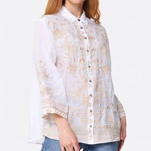 Johnny Was Workshop Devere Ramie Embroidered White Button Down Shirt M $278